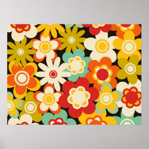 Póster Patrón floral retro colorido brillante y lindo