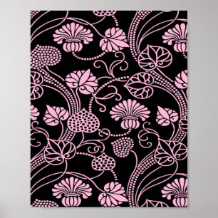 Póster Patrón floral retro rosado en negro