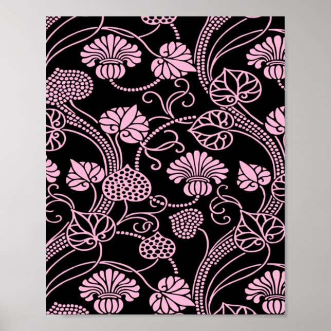 Póster Patrón floral retro rosado en negro (Frente)