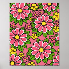 Póster Patrón floral rosa y amarillo con hojas verdes