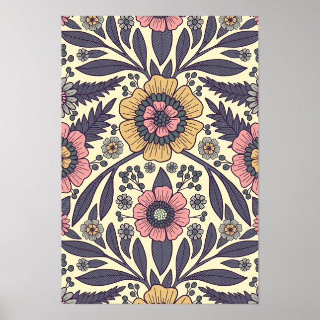 Póster Patrón floral rosa y azul sin problemas (Frente)