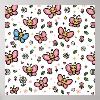 Póster Patrón Floral Sin Costuras de Mariposa Adorable Ka
