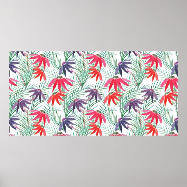 Póster Patrón floral sin foco. Flores rojas y violetas en (Frente)