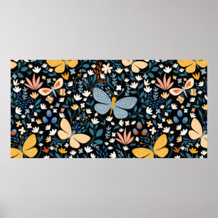 Póster Patrón floral sin soldadura con mariposas,dibujo a