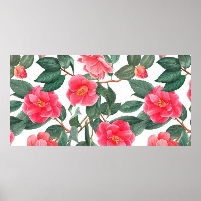 Póster Patrón floral sin soldadura, flores camélicas roja (Frente)