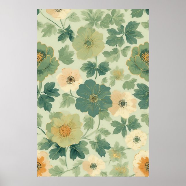 Póster Patrón floral suave amarillo y verde (Frente)