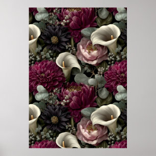 Póster Patrón floral temperamental con dalias y lirios de