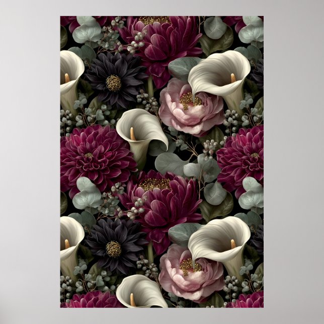 Póster Patrón floral temperamental con dalias y lirios de (Frente)