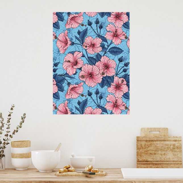 Póster Patrón floral tropical de hibisco (Cocina)