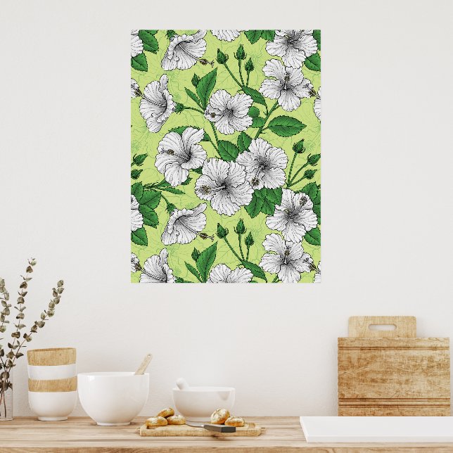 Póster Patrón floral tropical de hibisco blanco (Cocina)