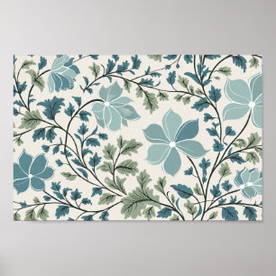 Póster Patrón floral verde y azul turquesa sobre fondo cr