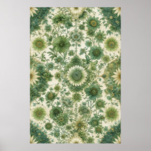 Póster Patrón floral verde y beige vintage