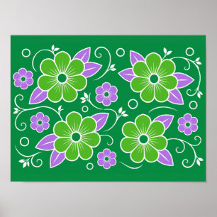 Póster Patrón floral verde y púrpura decorativo