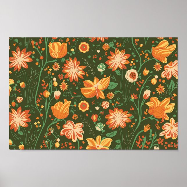 Póster Patrón floral vibrante con flores Naranja y amaril (Frente)