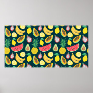 Póster patrón fluido de frutas tropicales