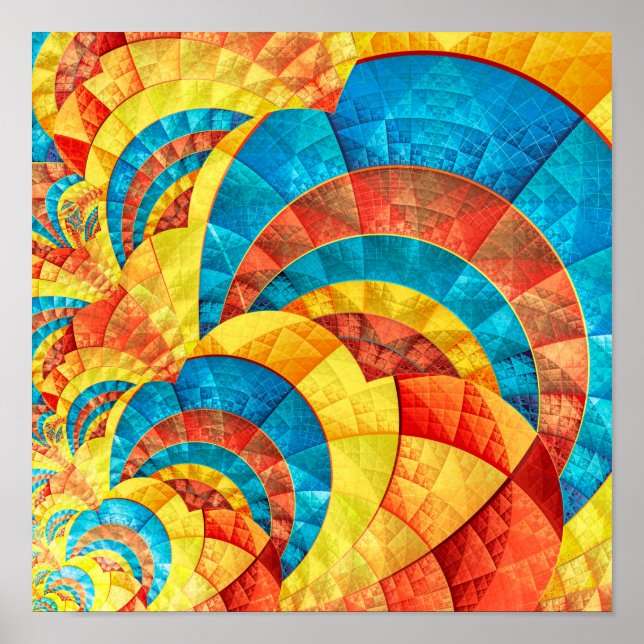 Póster Patrón fractal azul, amarillo y Naranja (Frente)