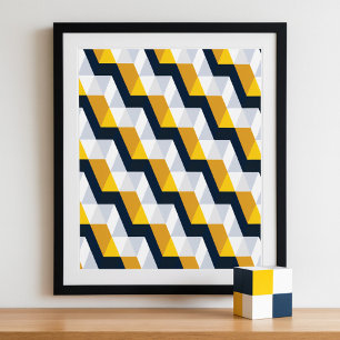 Póster Patrón geométrico cúbico en amarillo y blanco