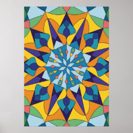Póster Patrón geométrico fractal azul y amarillo
