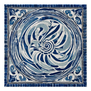 Póster Patrón giratorio blanco azul 02