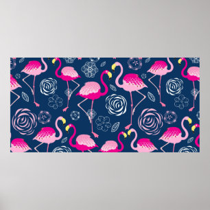 Póster Patrón gráfico de flamencos rosados en una b azul