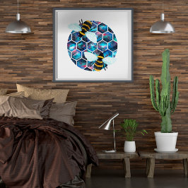 Póster Patrón hexágono de galaxia acuarela con dos abejas