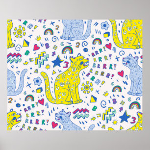 Póster patrón infantil con tigre, letras, arcos de lluvia