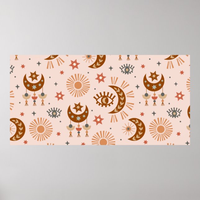 Póster patrón ininterrumpido con ojo celeste, luna, sol (Frente)