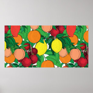 Póster Patrón ininterrumpido de frutas, dibujo a mano, na