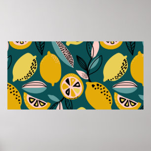 Póster Patrón ininterrumpido vintage con limones amarillo