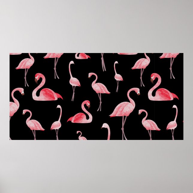 Póster patrón inmaculado Cute flamencos sobre negro b (Frente)