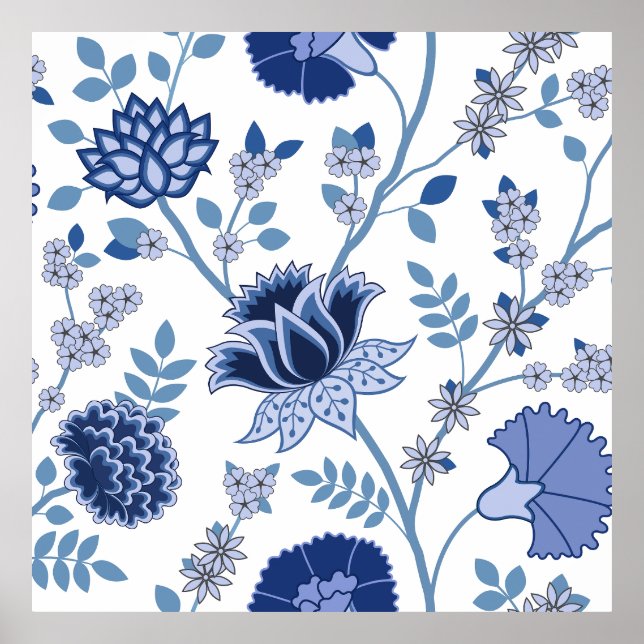 Póster Patrón jacobino floral Lg azul en blanco (Frente)