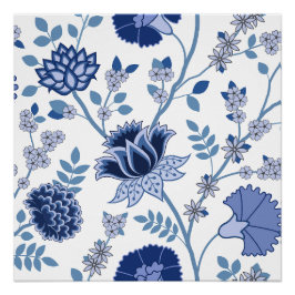 Póster Patrón jacobino floral Lg azul en blanco
