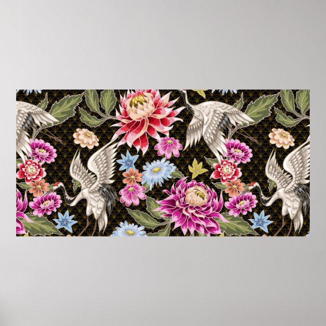 Póster Patrón japonés con flores y grúas blancas (Frente)