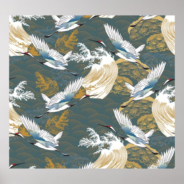 Póster Patrón japonés de aves de gránulas vintage (Frente)