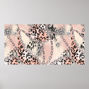 Póster Patrón leopardo, flores, cadena, rosas