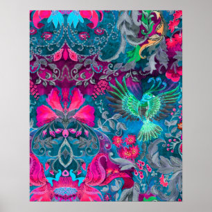 Póster Patrón lujoso y lujoso jardín florido de pájaro az