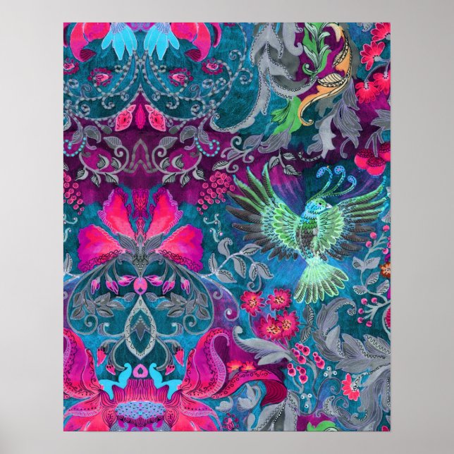 Póster Patrón lujoso y lujoso jardín florido de pájaro az (Frente)