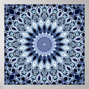 Póster Patrón Mandala de Kaleidoscopio Azul y Blanco