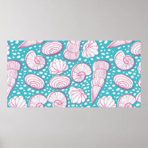 Póster Patrón marino sin foco con diferentes conchas. Vin