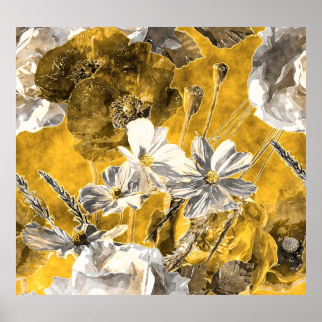 Póster Patrón Monocromo de acuarela floral (Frente)