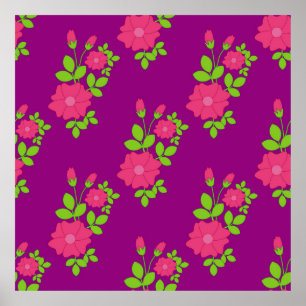 Póster Patrón morado sin costuras con flores rosadas y co