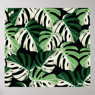 Póster Patrón negro exótico de hojas de monstera