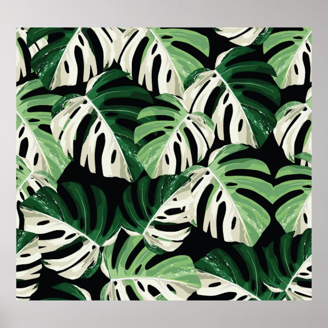 Póster Patrón negro exótico de hojas de monstera (Frente)