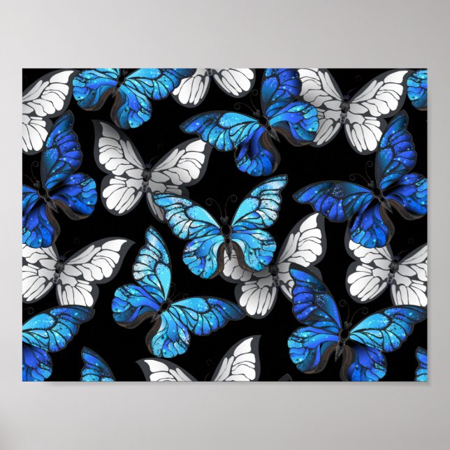 Póster Patrón oscuro sin costuras con mariposas azules Mo (Frente)