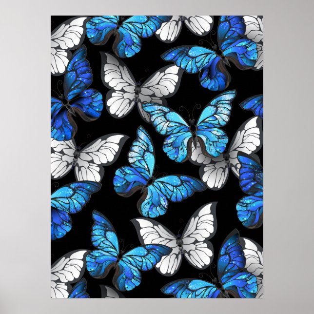 Póster Patrón oscuro sin foco con mariposas azules morfo (Frente)