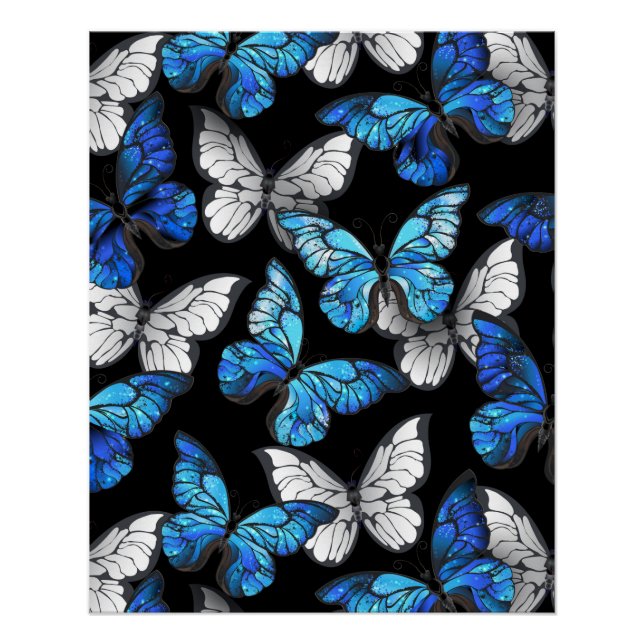 Póster Patrón oscuro sin foco con mariposas azules morfo (Anverso)