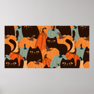 Póster Patrón perfecto con gatos y calabazas negros