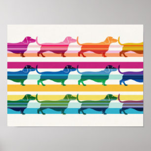 Póster Patrón Retro de Rayas Coloridas de Dachshund
