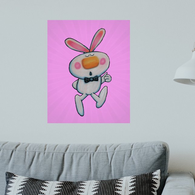 Póster Patrón rosa de la nariz Naranja de los dedos de lo (Cute cartoon white rabbit giving thumbs up sign wearing bow tie on pink artwork poster.)