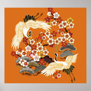 Póster Patrón Sakura de grullas florales coloridas